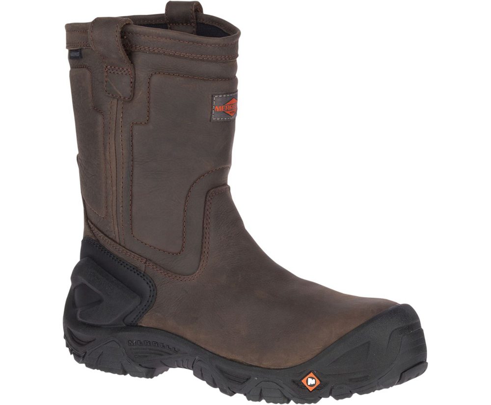 Merrell Work Boots Brown - Strongfield Leather Pull On Waterproof Comp Toe Wide Width - Mens 91WMXLS